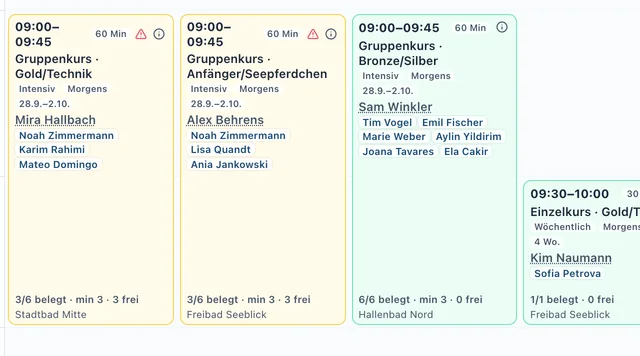 Stundenplan, in dem mehrere Kurse in derselben Wasserzeit liegen
