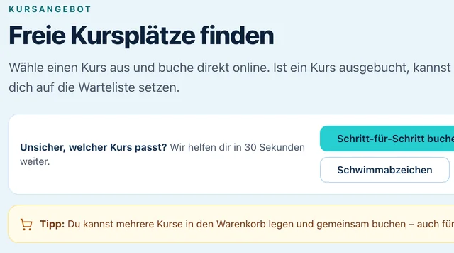 Kursliste einer Schwimmschule mit freien Plätzen, Filtern und Buchungsknöpfen